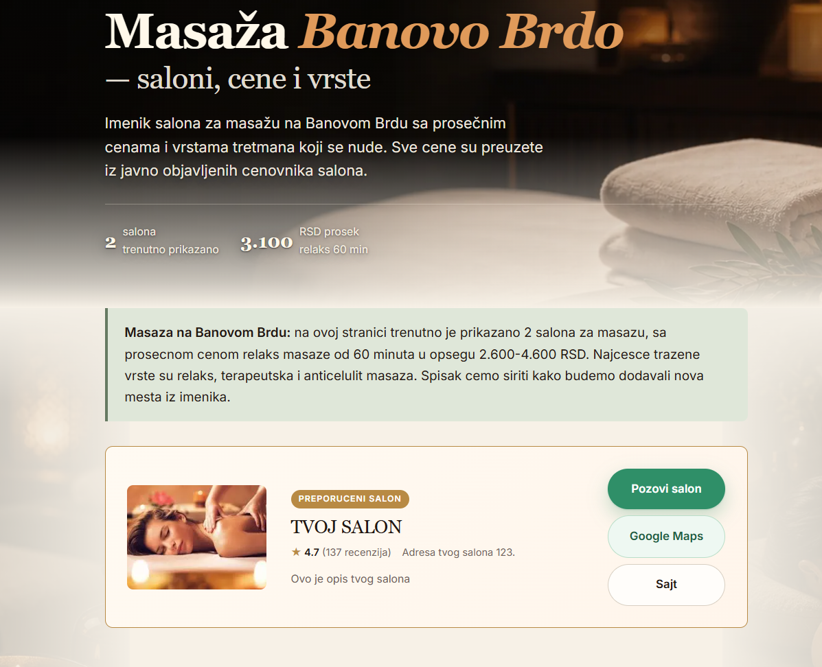 Primer kako izgleda istaknut salon na stranici listinga